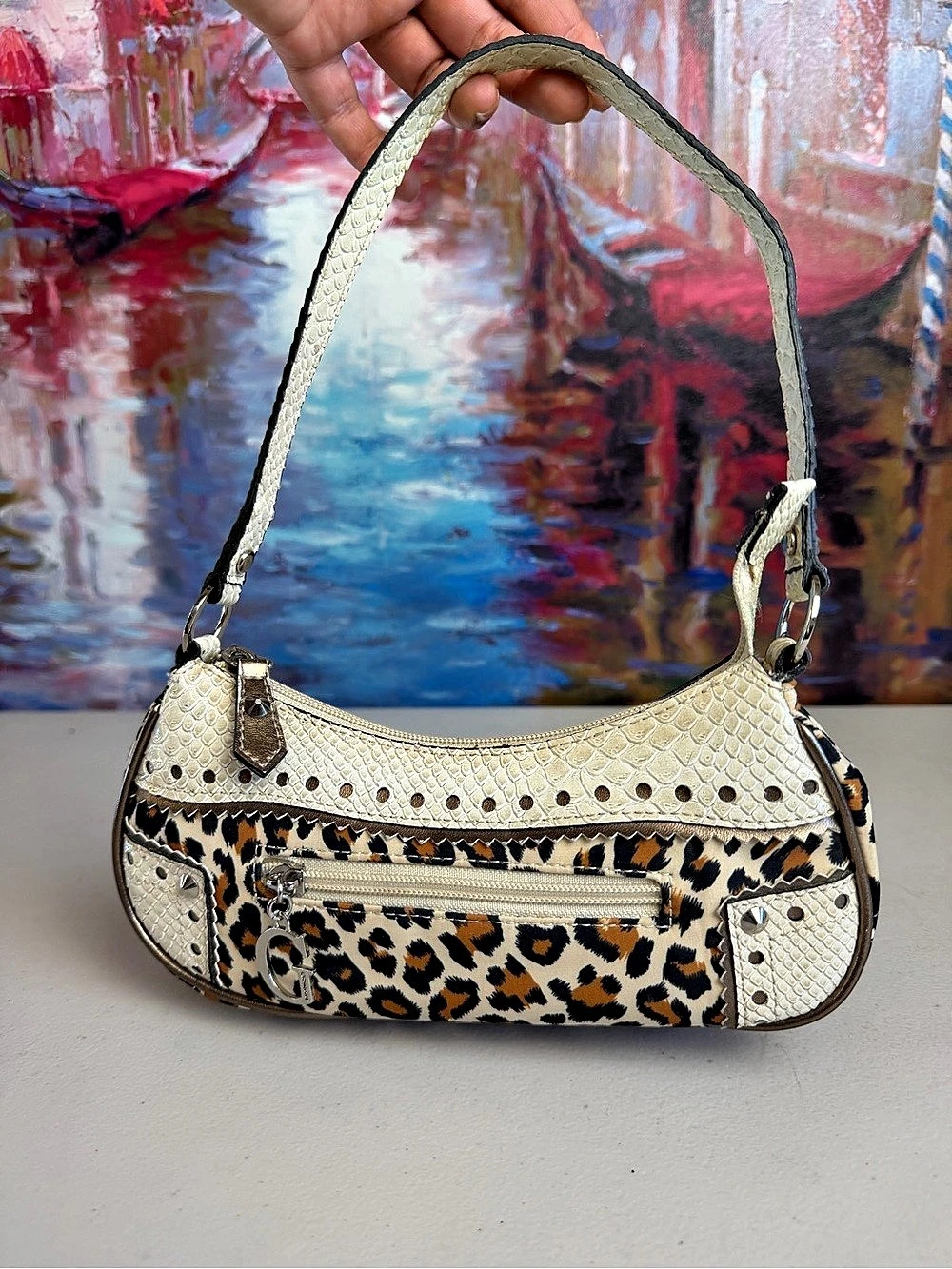 GUESS Y2K Leopard Print Faux Snakeskin Mini Baguette Bag